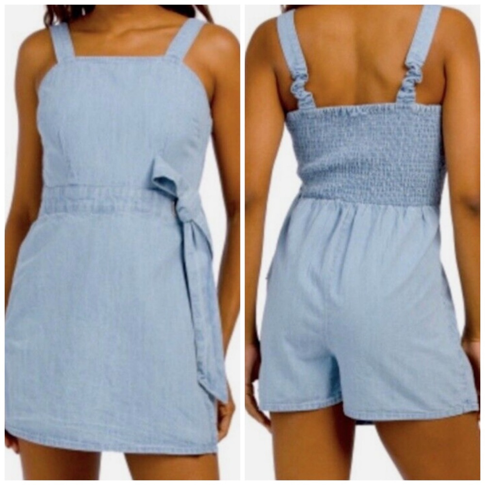 Sincerely Jules Denim Side Tie Faux Wrap Romper